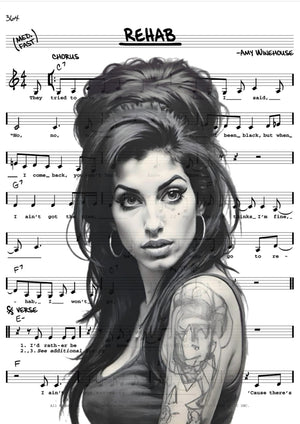 Amy Winehouse Rehab sheet music artwork printed on MDF wall poster