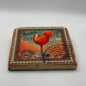 Aperol logo printed on square travertine stone coaster