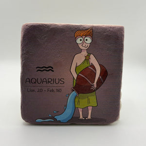 Water bearer symbol printed on square travertine stone coaster