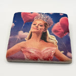 Ariana Grande as Glinda the Good Witch printed on square travertine stone coaster