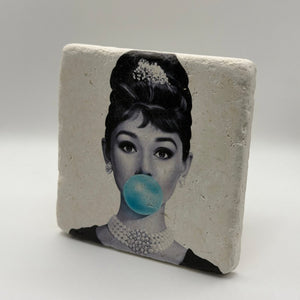 Audrey Hepburn blue bubble artwork printed on square travertine stone coaster