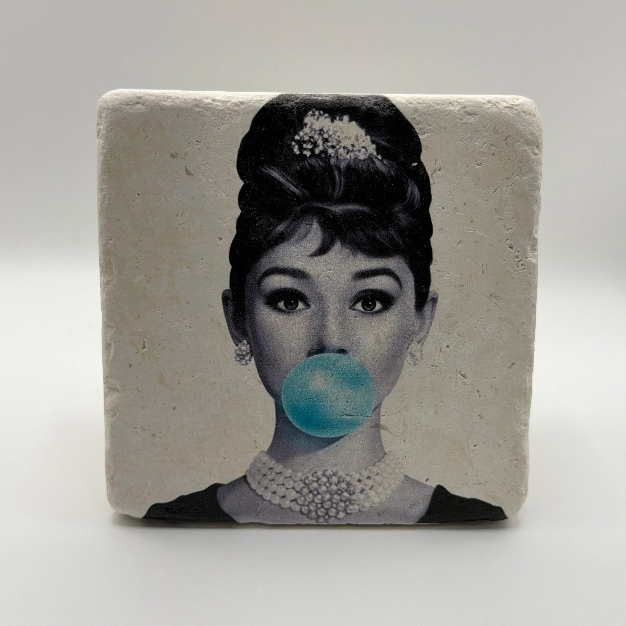 Audrey Hepburn blue bubble artwork printed on square travertine stone coaster