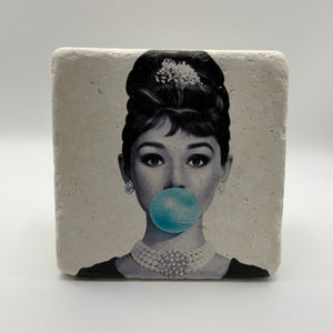 Audrey Hepburn blue bubble artwork printed on square travertine stone coaster