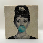 Audrey Hepburn Blue Bubble Natural Travertine Stone Hotpad artwork