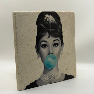 Audrey Hepburn Blue Bubble Natural Travertine Stone Hotpad artwork