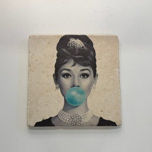 Audrey Hepburn Blue Bubble Natural Travertine Stone Hotpad artwork