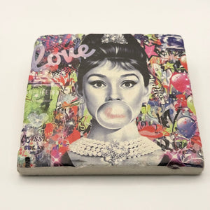 Audrey Hepburn portrait printed on square travertine stone coaster