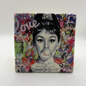 Audrey Hepburn portrait printed on square travertine stone coaster