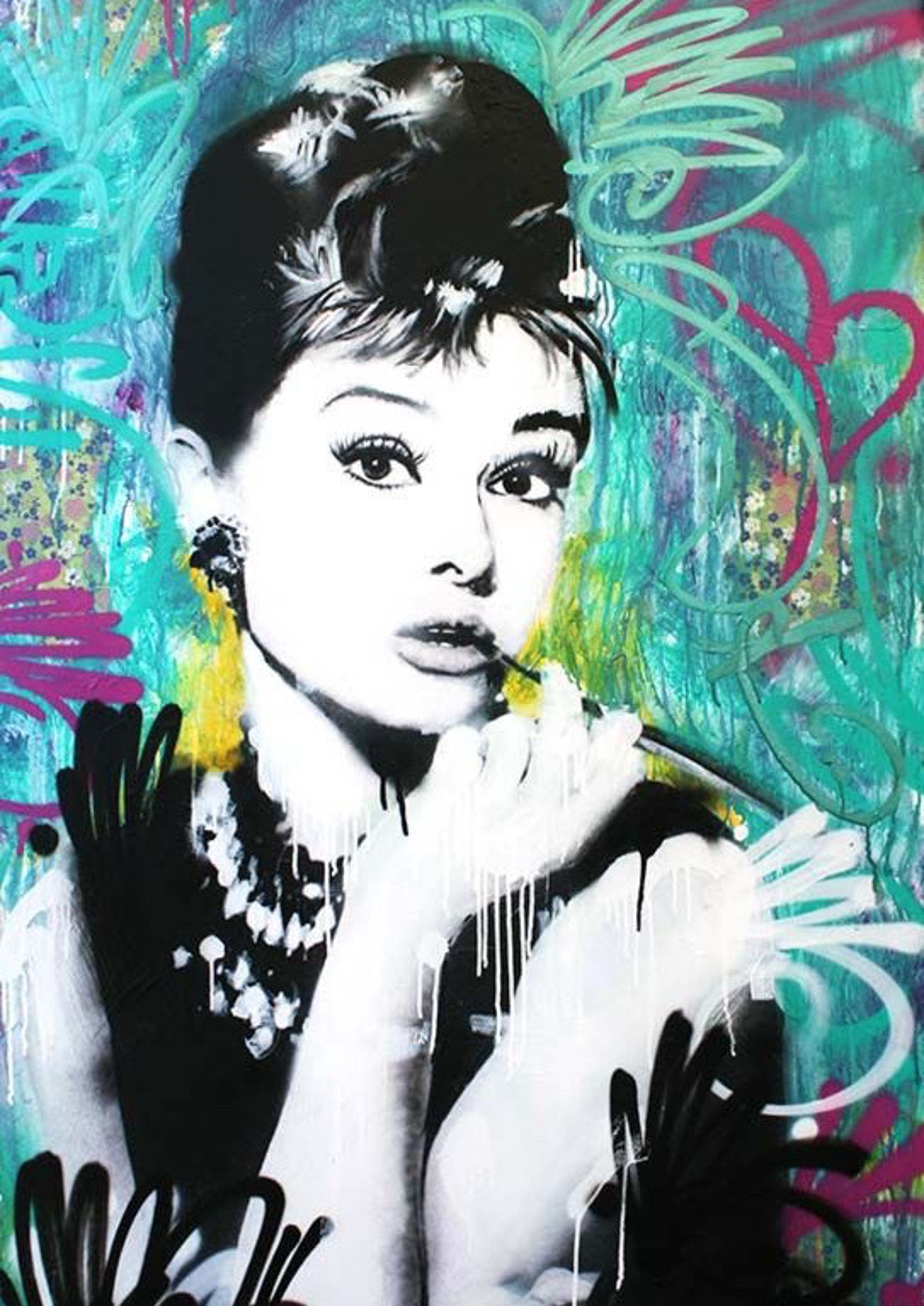 Audrey Hepburn graffiti artwork printed on MDF wall poster