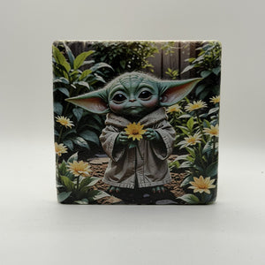 Baby Yoda Natural Travertine Stone Coaster artwork