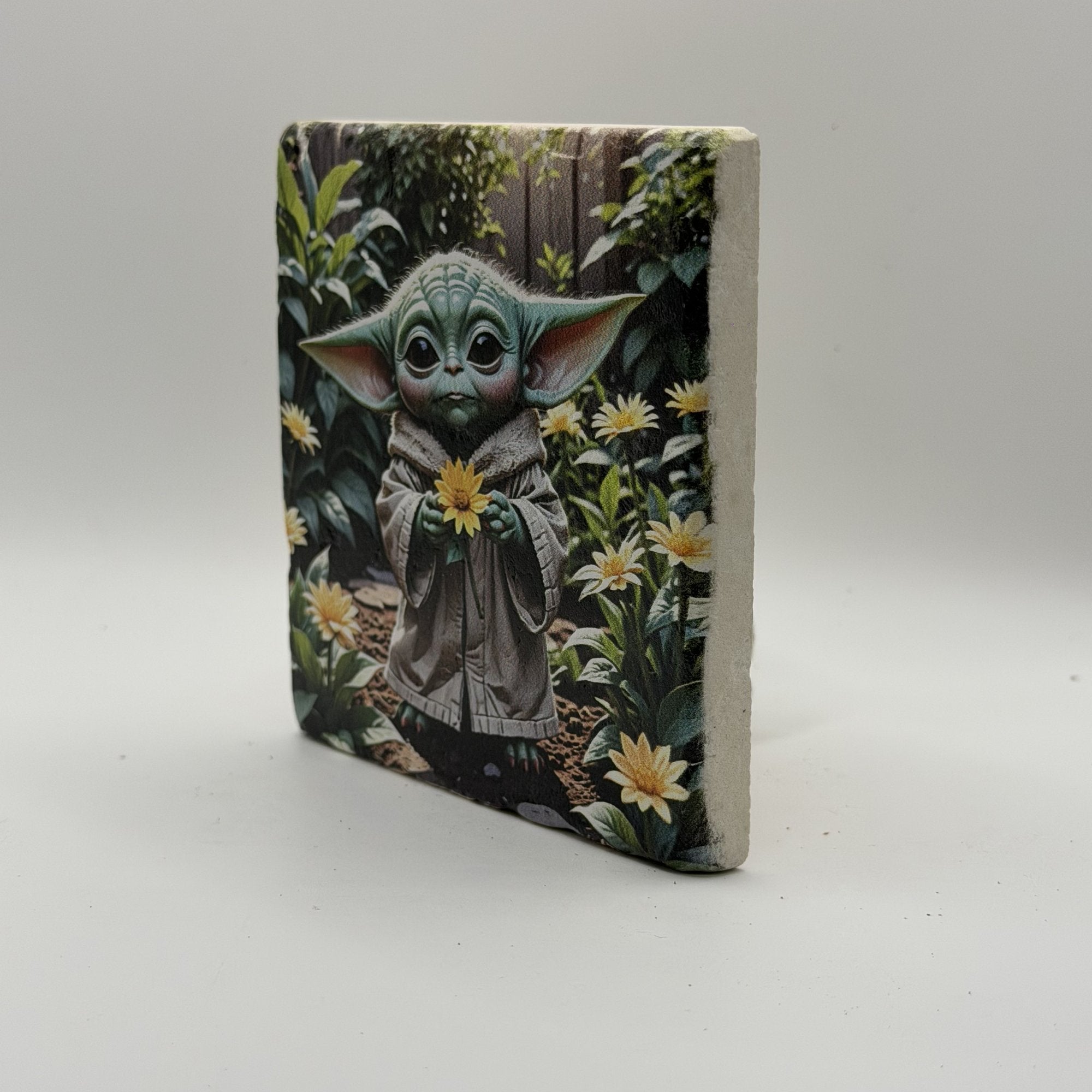 Baby Yoda Natural Travertine Stone Coaster artwork