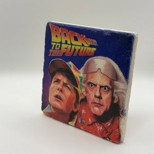 Back to the Future artwork printed on square travertine stone coaster