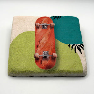 Baguette artwork printed on square travertine stone coaster