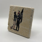 Banksy's Anarchist artwork printed on square travertine stone coaster