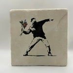 Banksy Flower Thrower Street Art Natural Travertine Stone Hotpad artwork