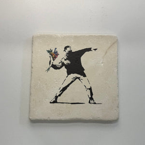 Banksy Flower Thrower Street Art Natural Travertine Stone Hotpad artwork