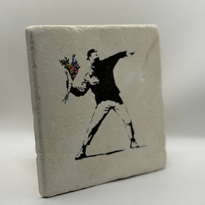 Banksy Flower Thrower Street Art Natural Travertine Stone Hotpad artwork