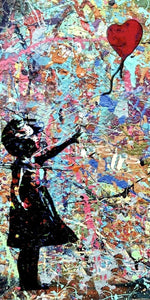 Banksy Girl with Balloon splatter art design displayed as a decorative wall sign