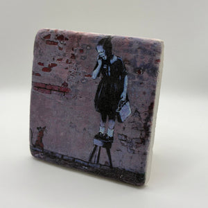 Girl and Mouse artwork by Banksy printed on square travertine stone coaster
