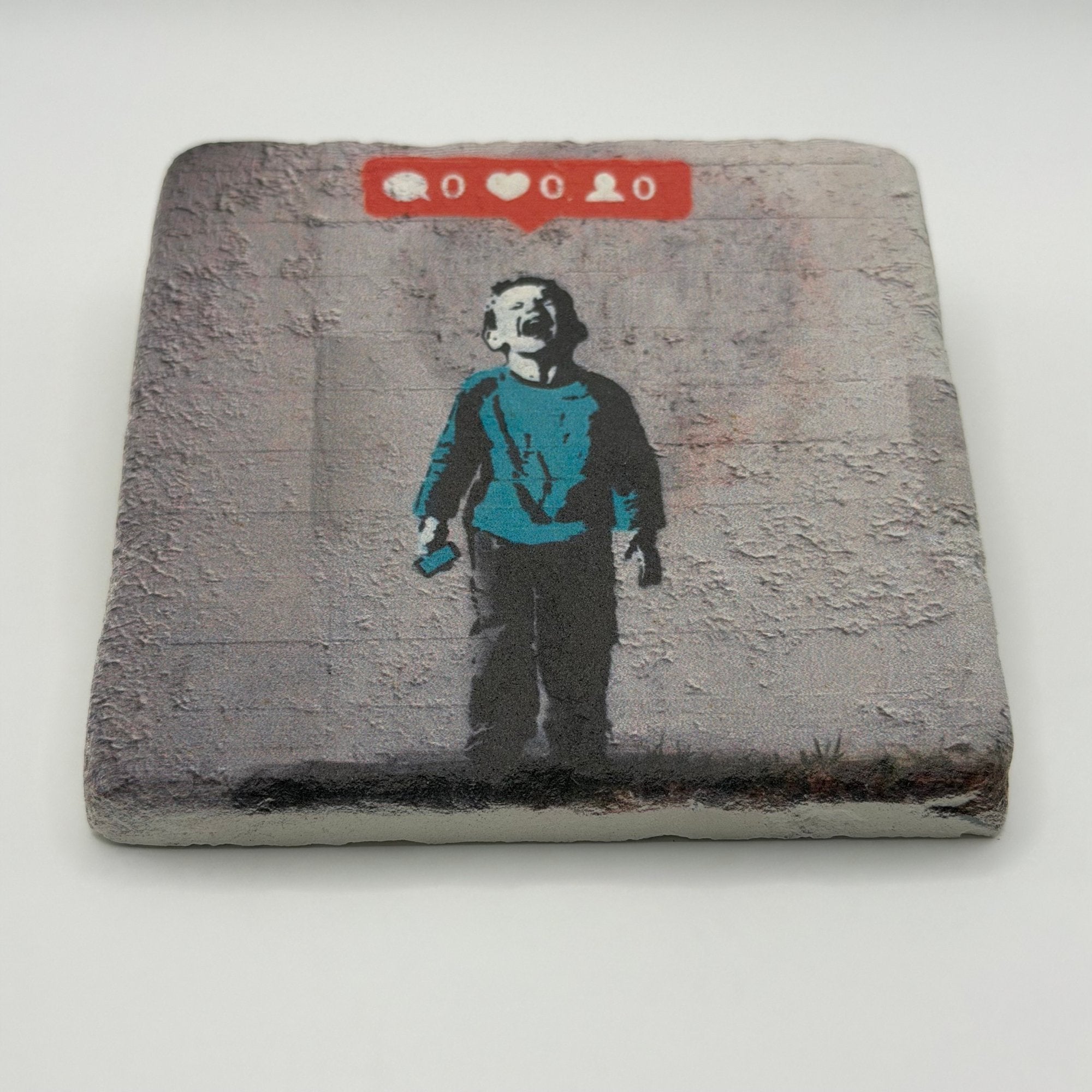 Banksy Kid Crying Over Social Media Stone Coaster