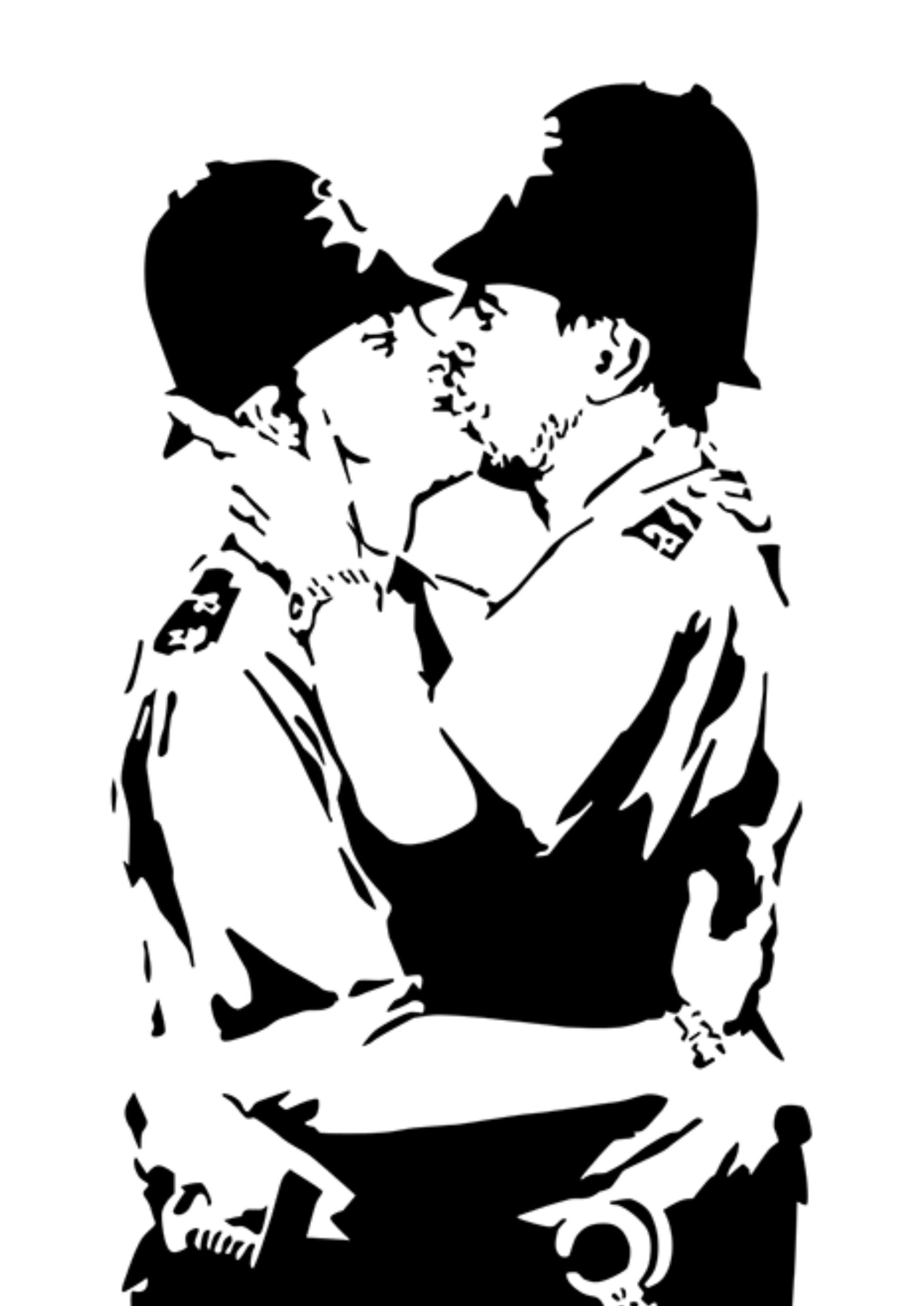 Banksy Kissing Coppers artwork printed on MDF wall poster
