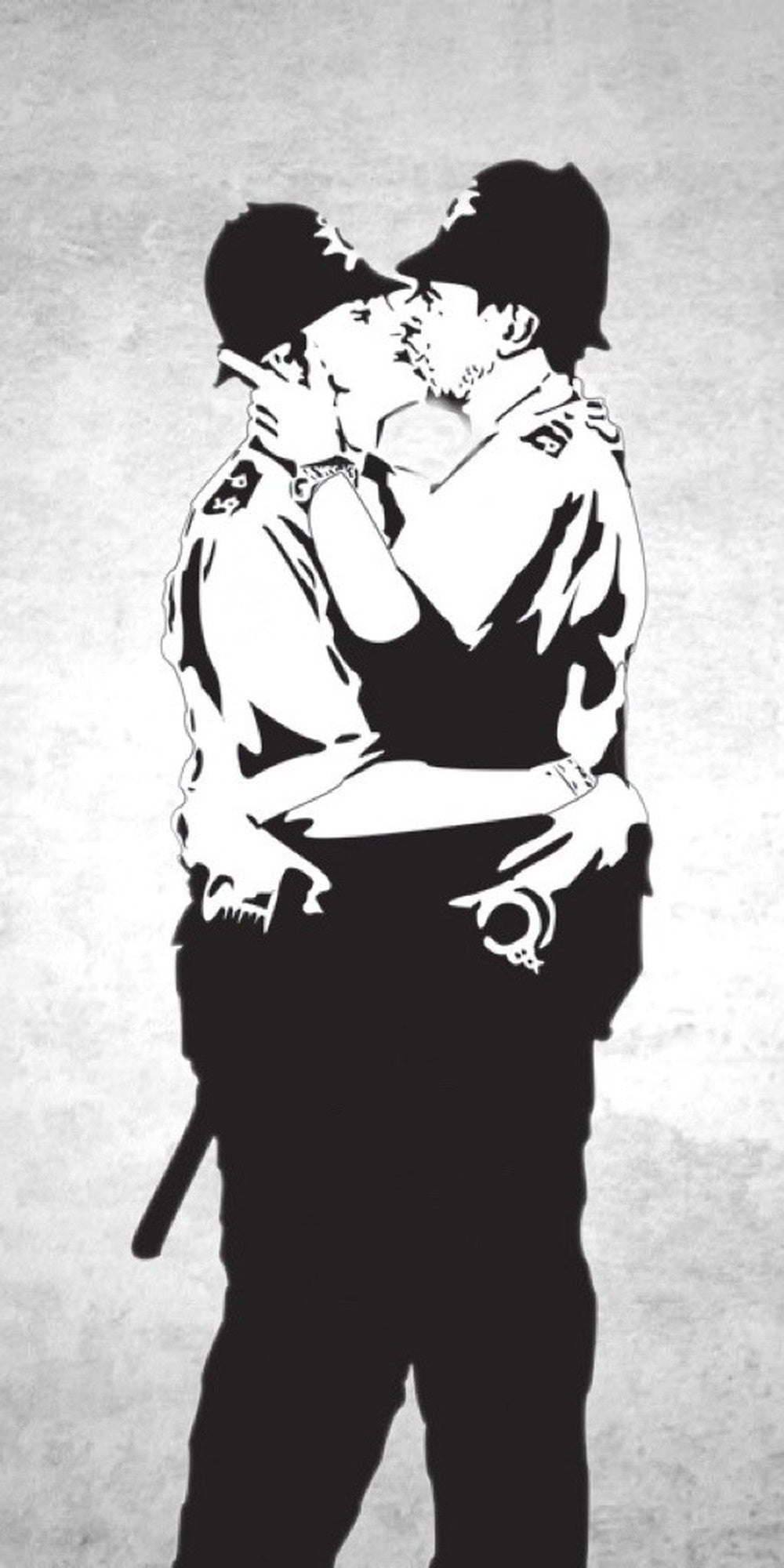 Banksy Kissing Coppers street art design displayed as a decorative wall sign