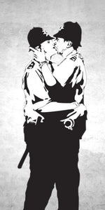 Banksy Kissing Coppers street art design displayed as a decorative wall sign