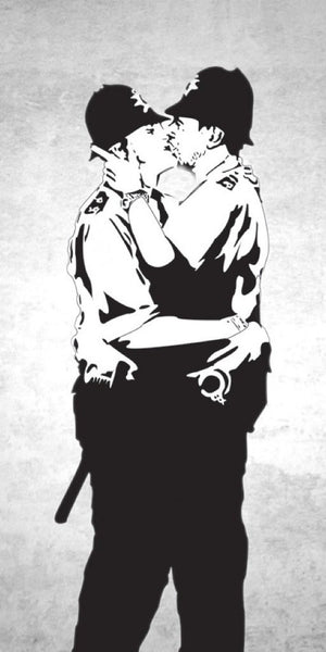 Banksy Kissing Coppers street art design displayed as a decorative wall sign