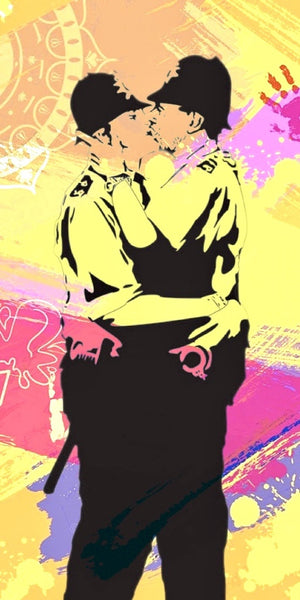 Banksy Kissing Coppers pop art design displayed as a decorative wall sign