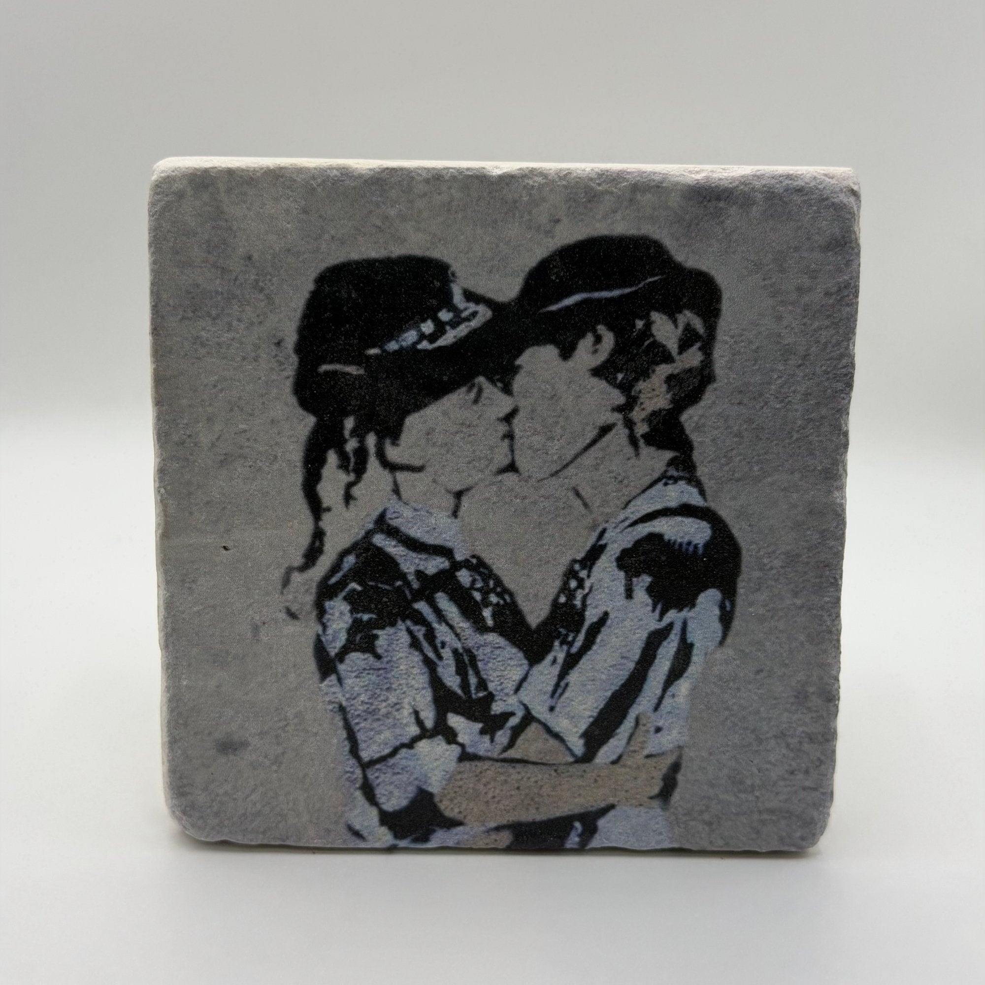 Banksy Kissing Women Police Stone Coaster