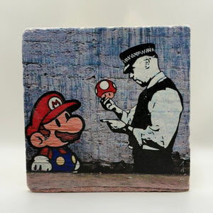 Banksy Mario And Cop Street Art Natural Travertine Stone Hotpad artwork