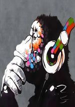 Banksy Monkey Wearing Headphones artwork printed on MDF wall poster