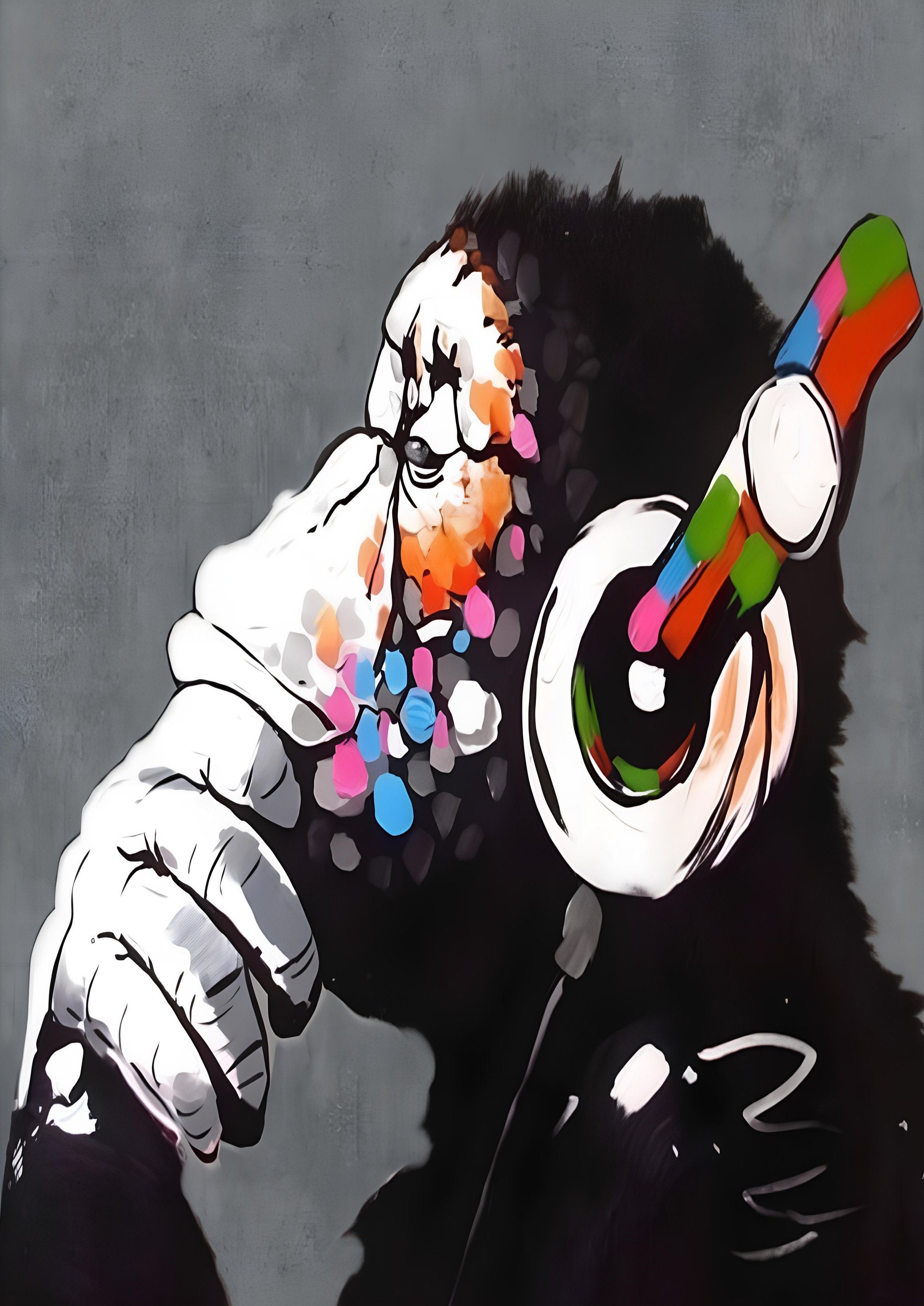 Banksy Monkey Wearing Headphones artwork printed on MDF wall poster
