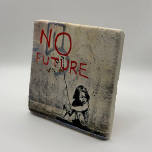 Banksy's iconic artwork 'No Future' printed on square travertine stone coaster