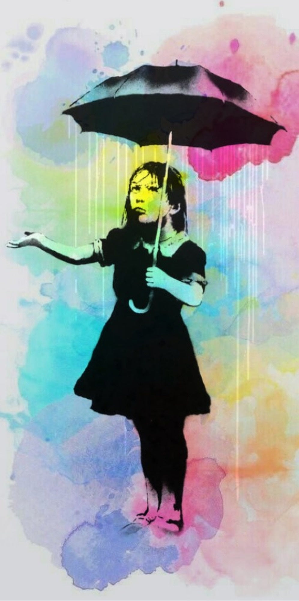 Colorful Banksy Nola Umbrella Girl design displayed as a decorative MDF wall sign