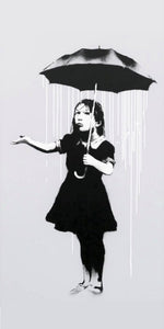 Banksy Nola Umbrella Girl monochrome design displayed as a decorative wall sign
