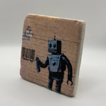 Banksy's robot artwork printed on square travertine stone coaster