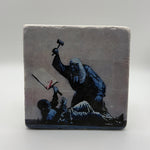 Banksy artwork printed on square travertine stone coaster
