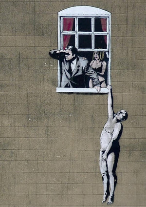 Banksy's Well Hung Lover Naked Man artwork printed on MDF wall poster