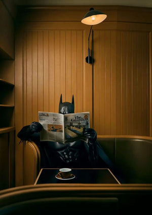 Batman character from the movie reading a newspaper printed on MDF wall poster