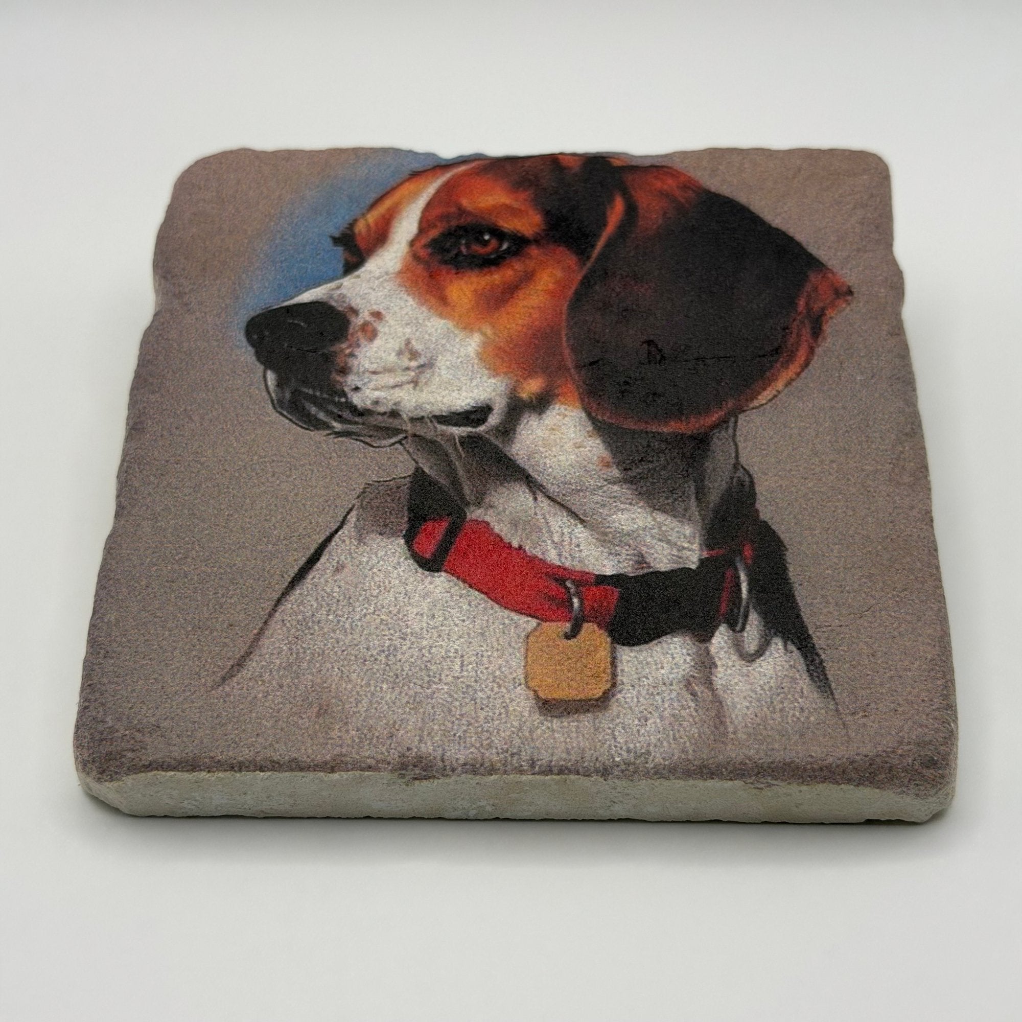 Cute beagle artwork printed on square travertine stone coaster