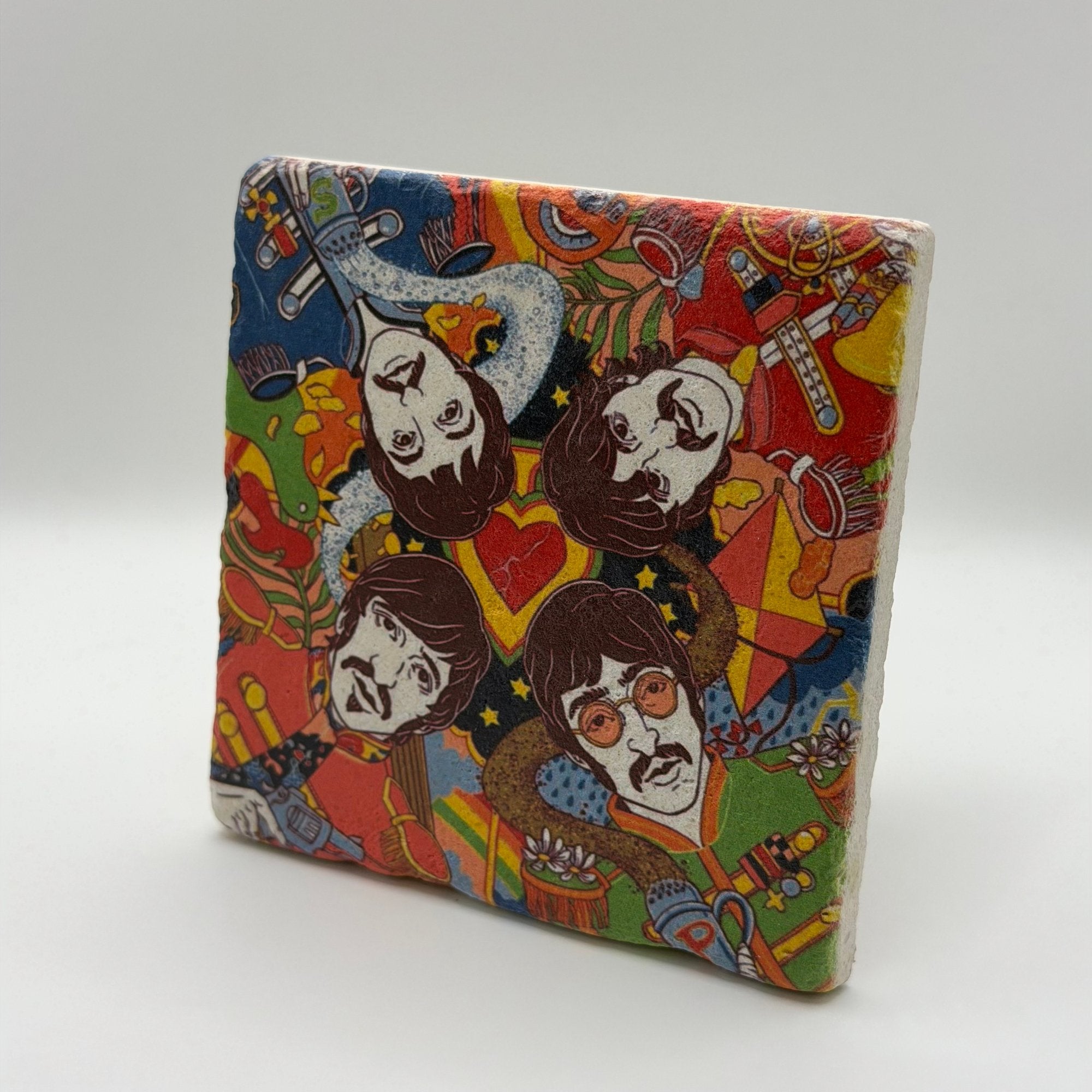 The Beatles artwork printed on square travertine stone coaster
