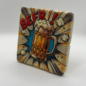 Beer artwork printed on square travertine stone coaster