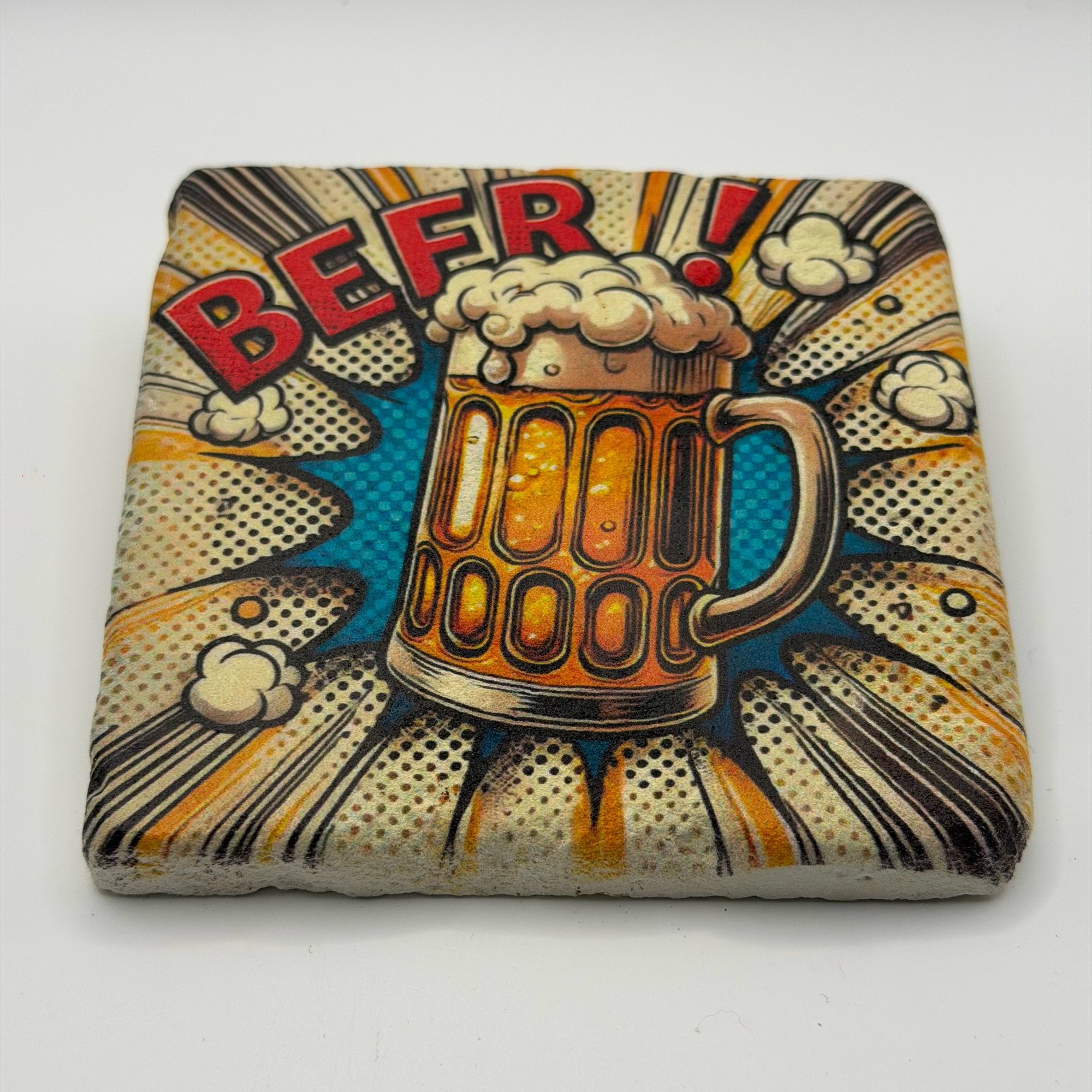Beer artwork printed on square travertine stone coaster