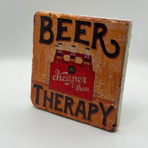 Funny Beer Therapy artwork printed on square travertine stone coaster