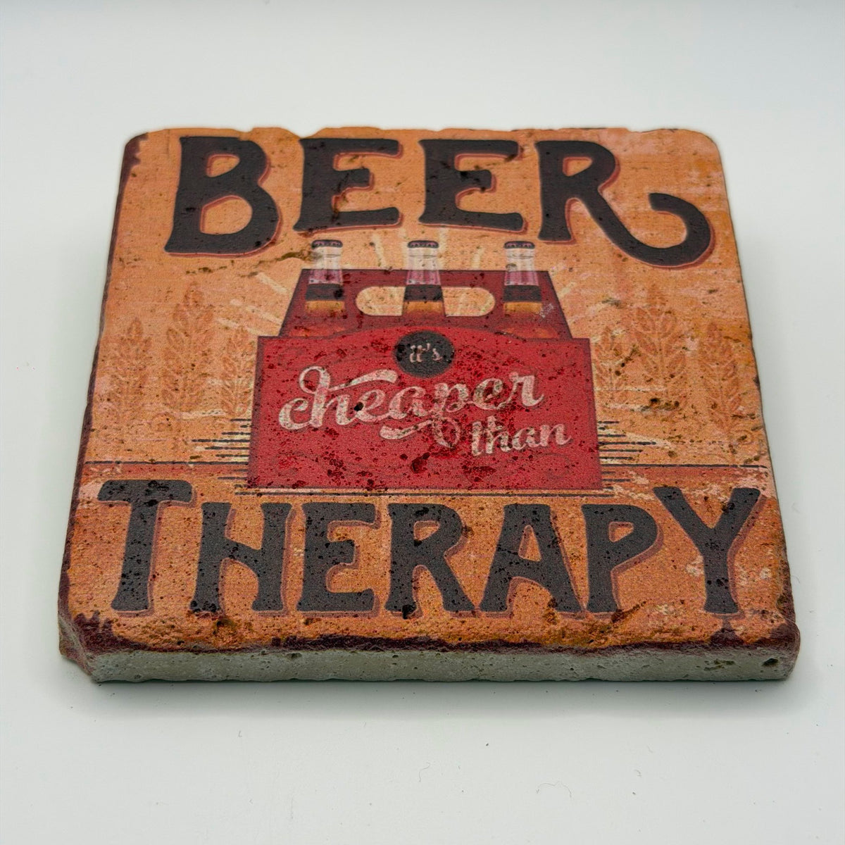 Funny Beer Therapy artwork printed on square travertine stone coaster