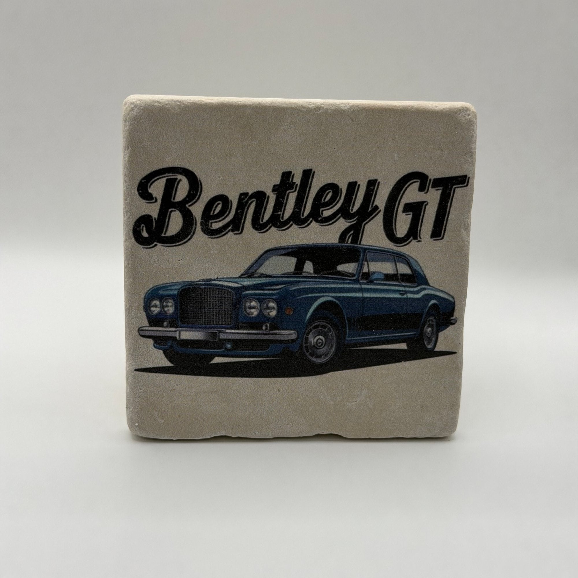 Vintage Bentley artwork printed on square travertine stone coaster