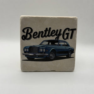 Vintage Bentley artwork printed on square travertine stone coaster