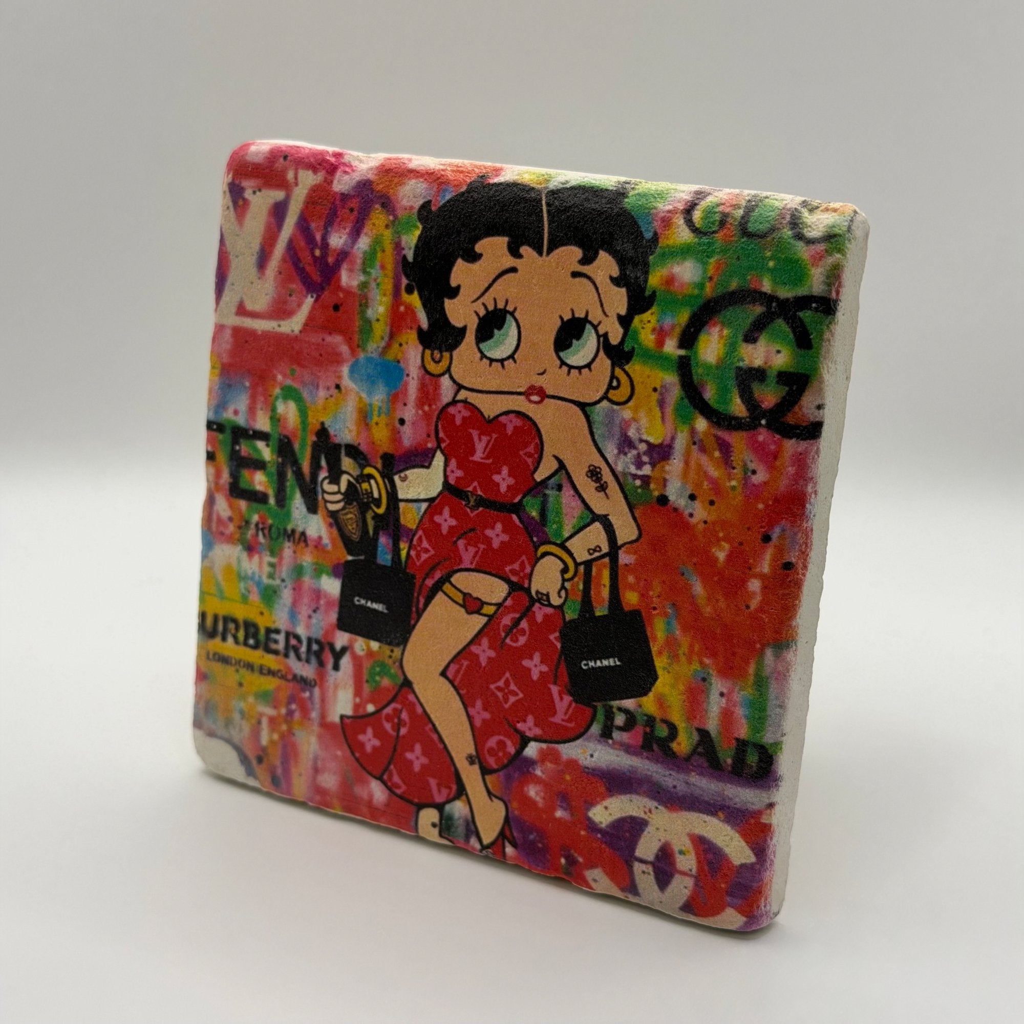 Betty Boop artwork printed on square travertine stone coaster