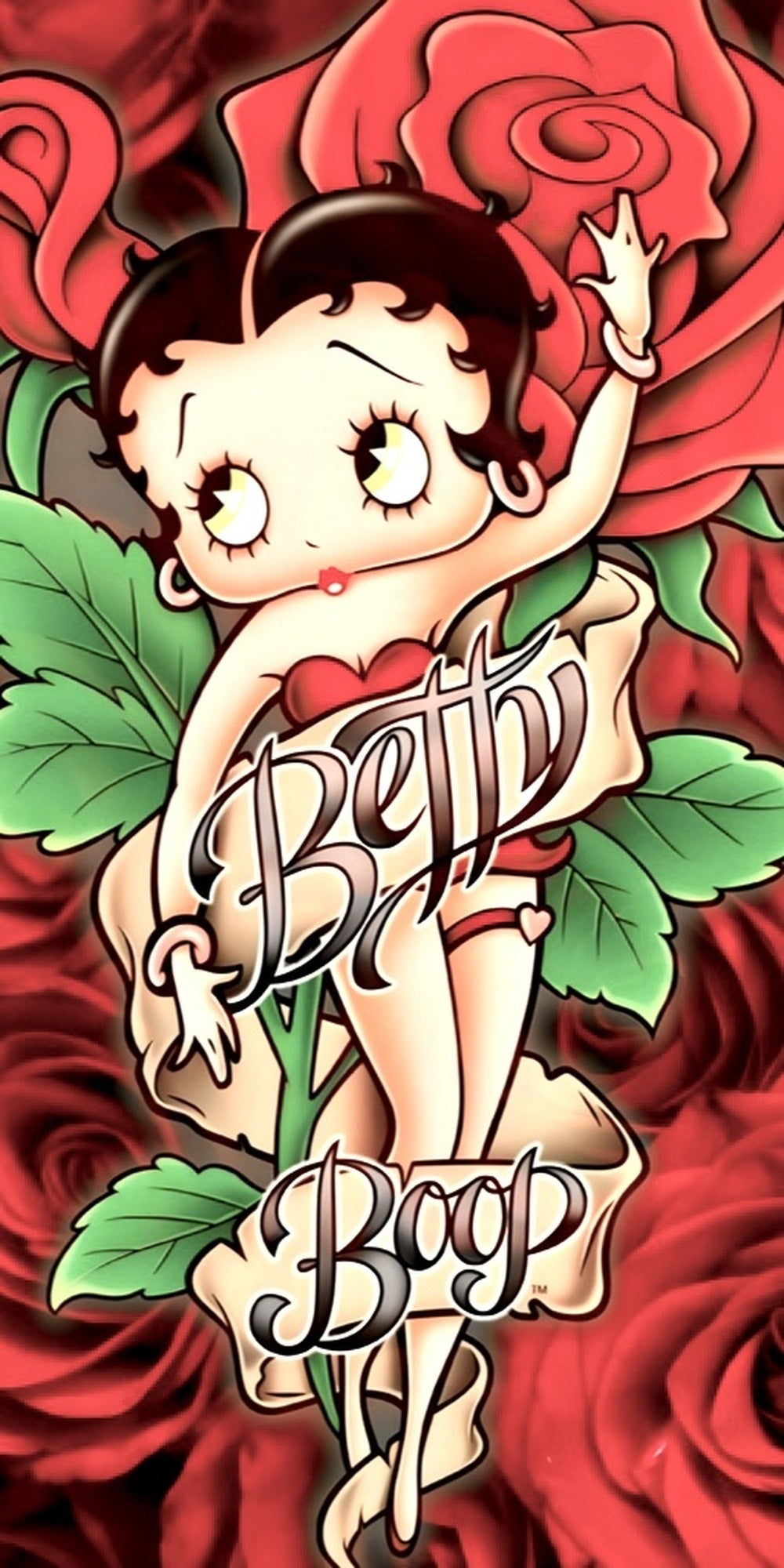 Betty Boop tattoo art red roses design displayed as a decorative wall sign